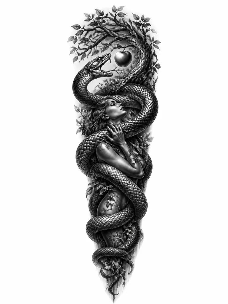 Тату эскиз: «Full-body tattoo sketch for the thigh, black & grey realistic style with strong contrast and deep shading. A large snake coils dynamically around the thigh, following the natural curvature of the leg; its body forms a flowing spiral that wraps the thigh from lower to upper part. Near the upper thigh, show a stylized Tree of Knowledge with a single prominent apple hanging from a branch; the snake’s head is turned toward the apple, mouth slightly open, eyes intense, as if tempting. Include a subt