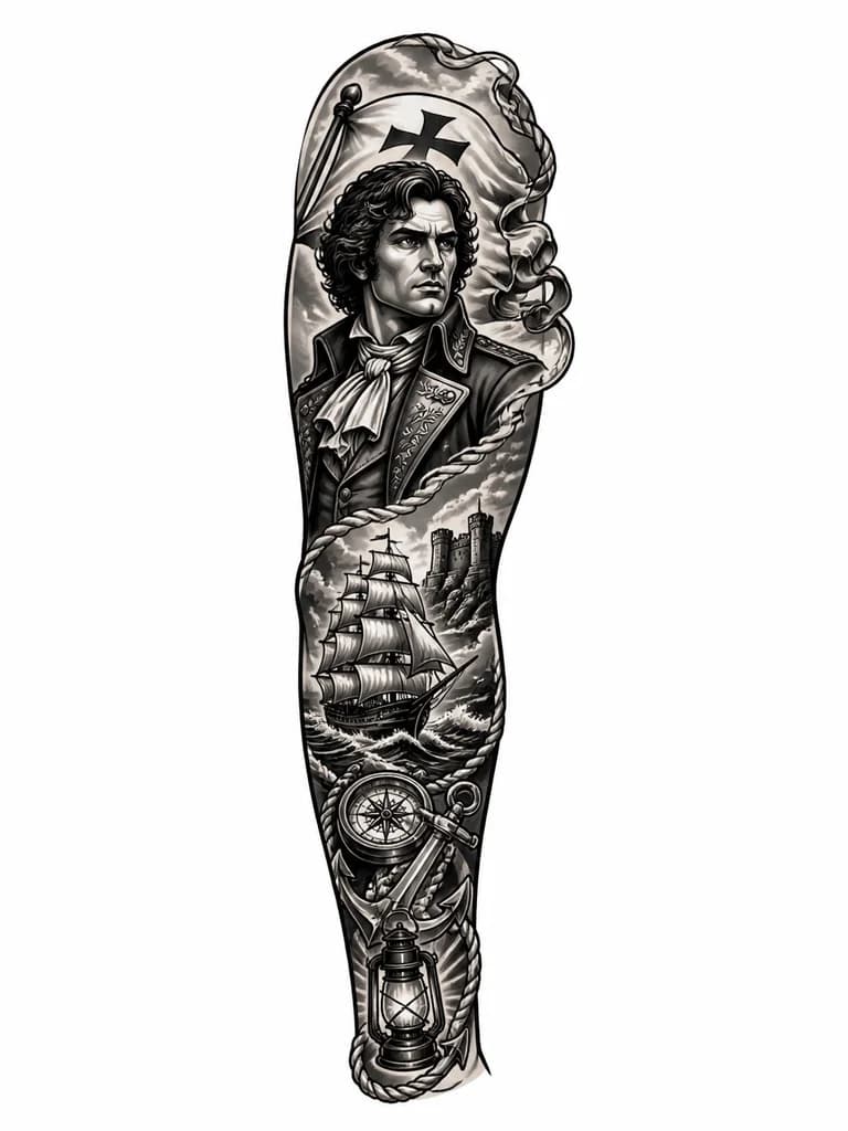 Тату эскиз: Portrait of Count Monte Cristo in classical engraving style, wearing period costume with ornate details, a flag waving dramatically in the background, determined expression, black and white monochrome ink, dramatic shadows and highlights, tattoo flash sheet illustration, white background, high contrast, clean lines