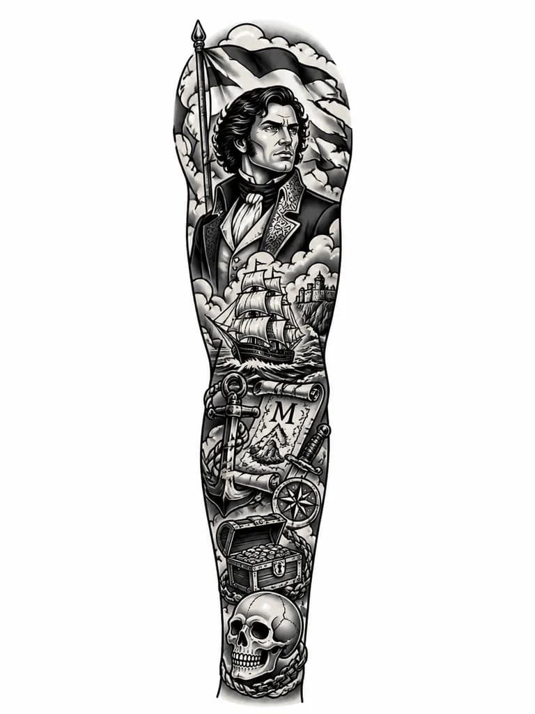 Тату эскиз: Portrait of Count Monte Cristo in classical engraving style, wearing period costume with ornate details, a flag waving dramatically in the background, determined expression, black and white monochrome ink, dramatic shadows and highlights, tattoo flash sheet illustration, white background, high contrast, clean lines