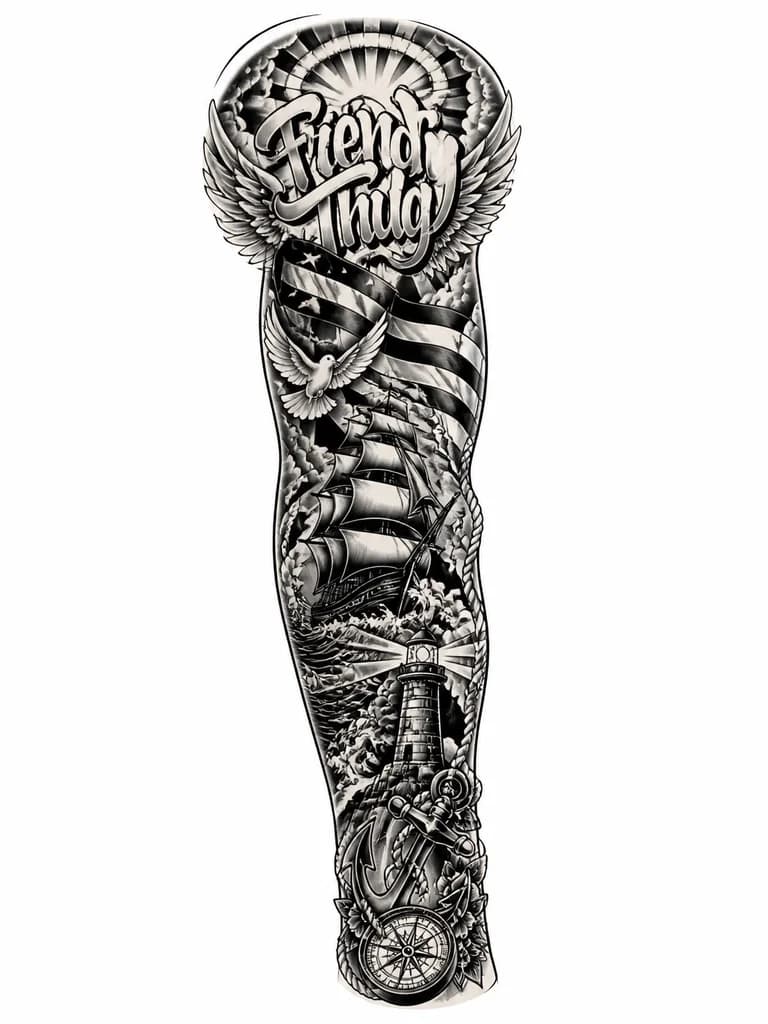 Тату эскиз: Graffiti-style text 'Friendly Thug' with flowing letters, integrated flag elements woven through the letters, angelic wings extending from sides, divine symbols like halo and rays, black and white monochrome tattoo design, street art aesthetic mixed with spiritual elements, high contrast, tattoo flash sheet illustration, white background, clean lines