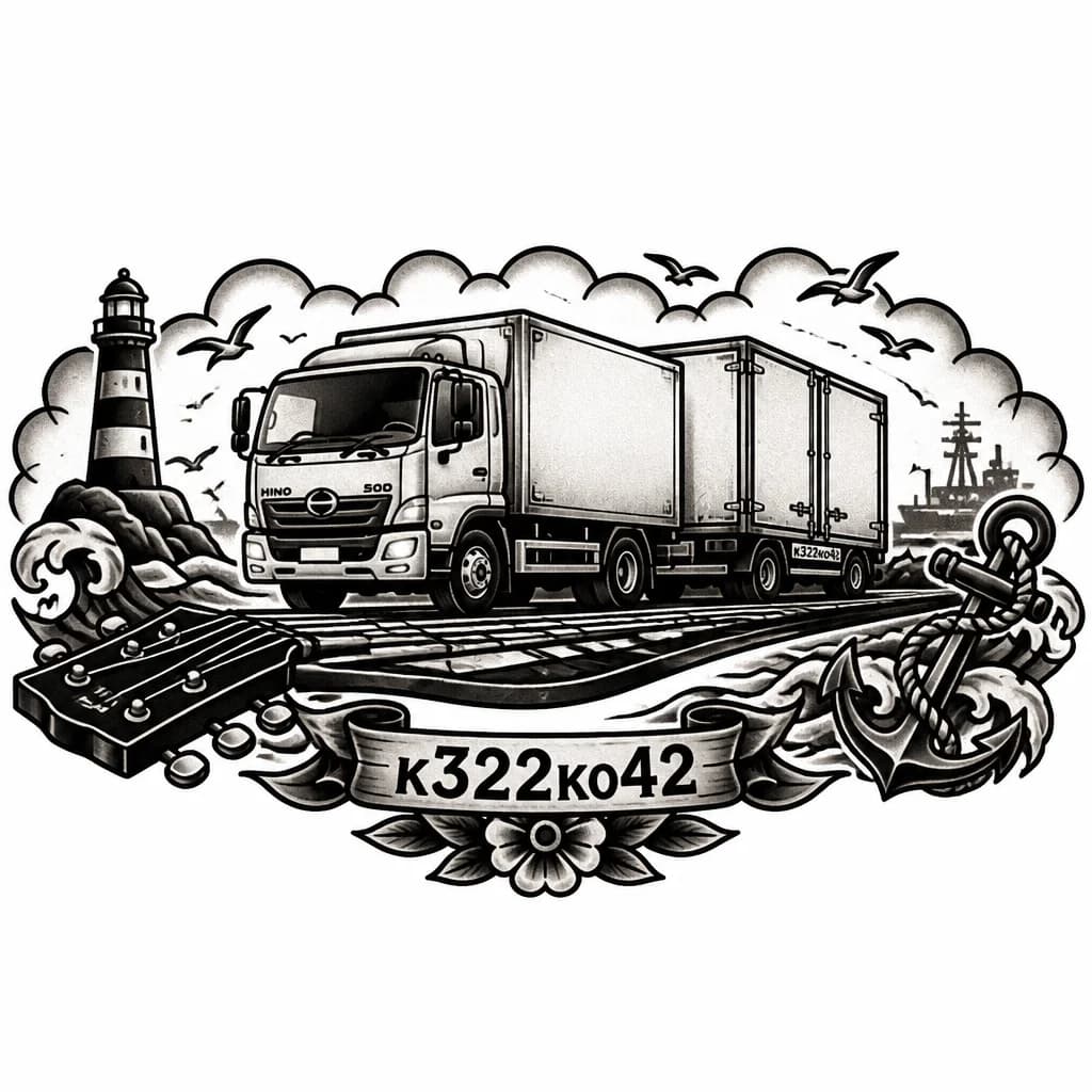 Тату эскиз: A highly detailed tattoo design, black and grey realism style. A modern Japanese cabover truck Hino 500 with a matching drawbar trailer, both having white insulated box bodies (refrigerated box / thermobudka). The truck and trailer are driving along a road made from a giant guitar neck, where guitar strings and frets act as the road lanes. On the rear bumper of the trailer, the Russian car license plate "к322ко142" is clearly visible and readable. In the background, a subtle silhouette of an ele
