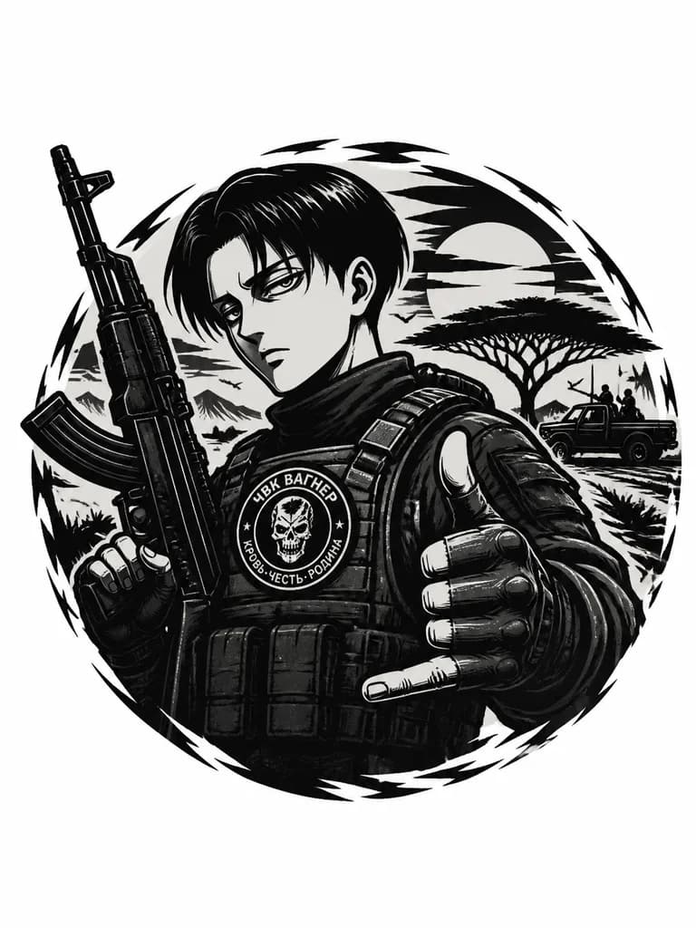 Тату эскиз: Леви Аккерман в бронежилете, на бронежилете патч ЧВК Вагнер стоит и держит в одной руке автомат ак74м, второй рукой показывает жест джамбо с тематическим фоном где-то в Африке