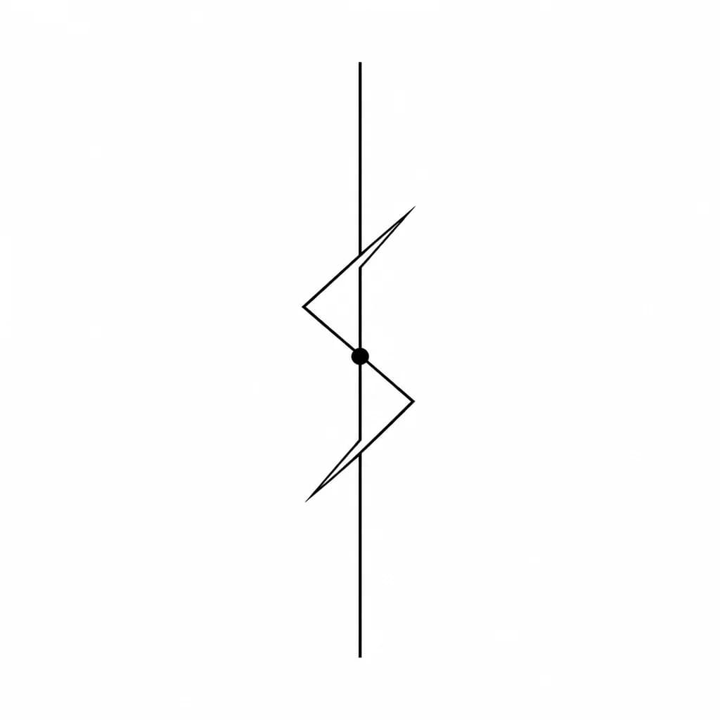 Тату эскиз: A minimalist tattoo flash design on a solid, pure white background. The design consists of a single solid vertical straight line. Intertwining around this vertical line is a single sharp zigzag lightning bolt that forms the strict shape of the letter 'S'. Exactly in the dead center of the design, on top of the intersection, there is a small, solid, black filled circle dot. Clean fine lines, high contrast, pure black ink on white background, vector style, 2D graphic illustration, isolated --no sh