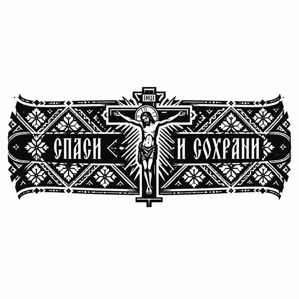 Тату эскиз: Я хочу что-то крестьянское по типу спаси и сохрани и Иисуса Христа распятого на кресте не большое размеры 20 Х 20