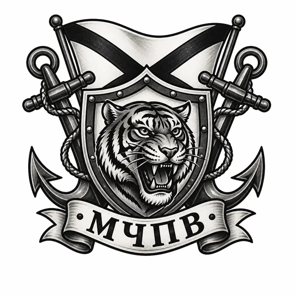 Тату эскиз: Щит в нутри которого амурский тигр, вокруг щита лента в ленте надпись МЧПВ на заднем плане 2 морских якоря и андреевский флаг