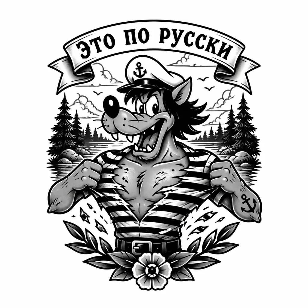 Тату эскиз: Волк из ну погоди в тельняшке котору разрывает на груди на заднем плане лес и озеро на груди у волка надпись Это по русски