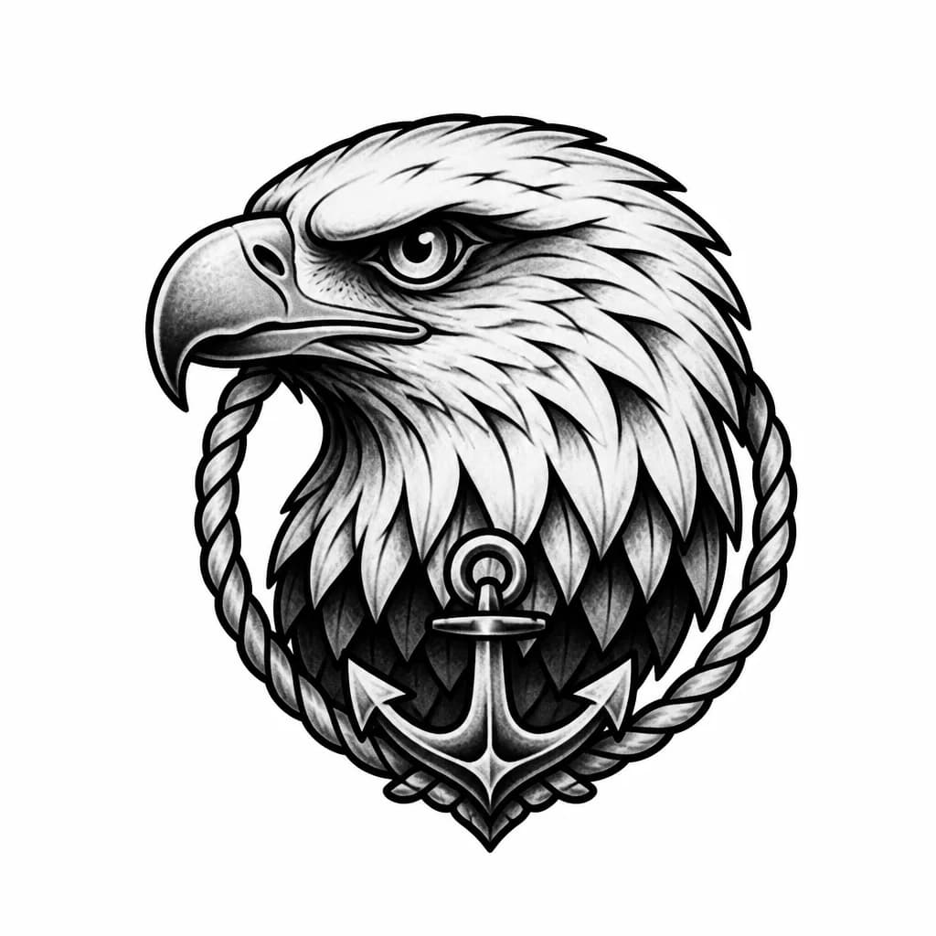 Тату эскиз: Голова орла (профиль или анфас). Фокус на взгляде хищника. Означает дальновидность, мудрость, бдительность и жесткий контроль над своей жизнью
