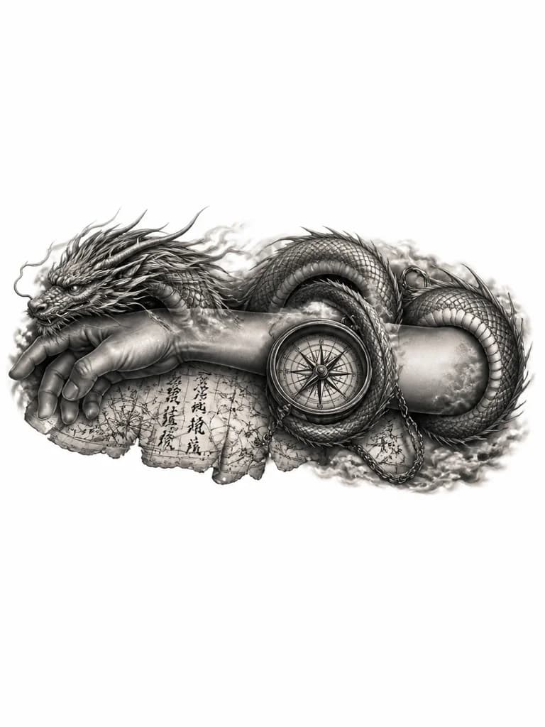 Тату эскиз: Компас берется классический, морской (латунный, в деревянном корпусе или на цепочке). Карта — старинная, с детальной сеткой координат, рой ветров и каллиграфическими надписями. Дракон в этой концепции — Восточный (длинный, змееподобный, с гривой). Он не агрессивный, а мудрый, его кольца плавно обвивают руку сквозь туман и связывают компас с картой.