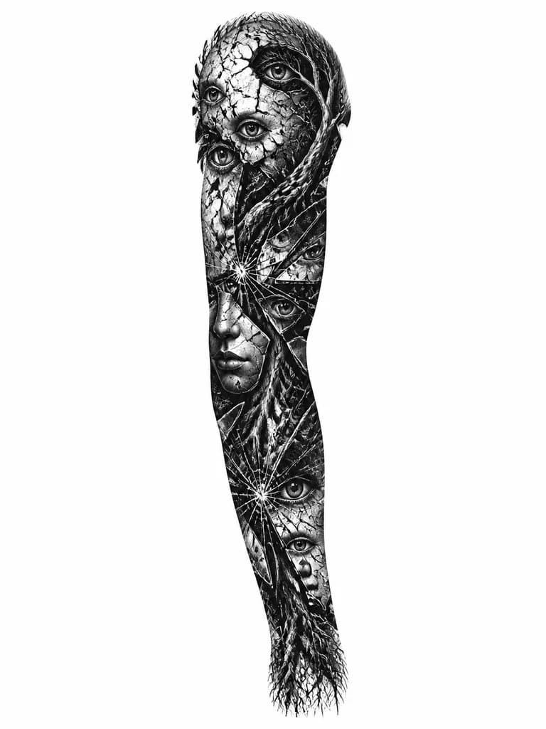 Тату эскиз: Tattoo design for a sleeve, dark blackwork, cracked skin revealing multiple eyes, tree roots, shattered glass, surrealism, hatching lines, sketch, white background, high detail, black and white