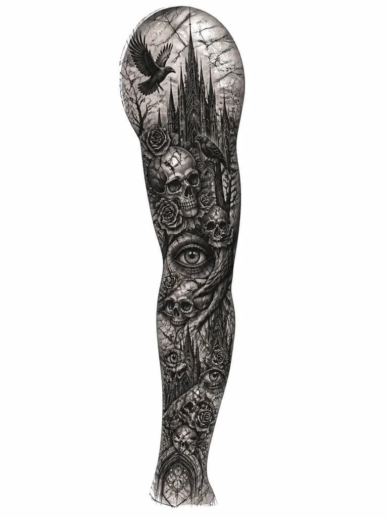 Тату эскиз: Tattoo design for a sleeve, dark blackwork, cracked skin revealing multiple eyes, tree roots, shattered glass, surrealism, hatching lines, sketch, white background, high detail, black and white