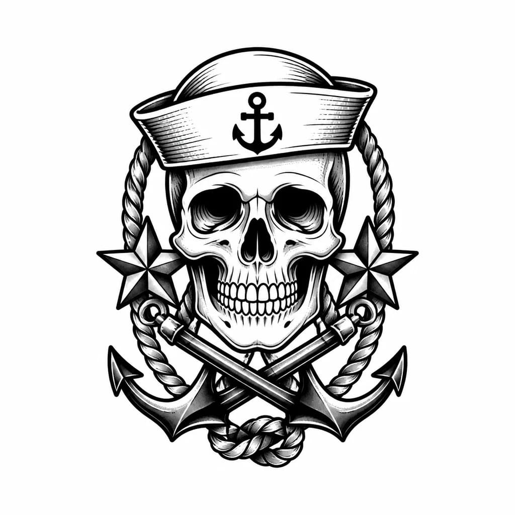 Тату эскиз: A detailed anatomical skull with tactical military elements surrounding it including rifle silhouettes, camouflage netting patterns, military medals and insignia, combat gear details, black and white monochrome ink, intricate bone detail with crosshatching, aggressive militaristic aesthetic, tattoo flash sheet illustration, white background, high contrast, clean lines