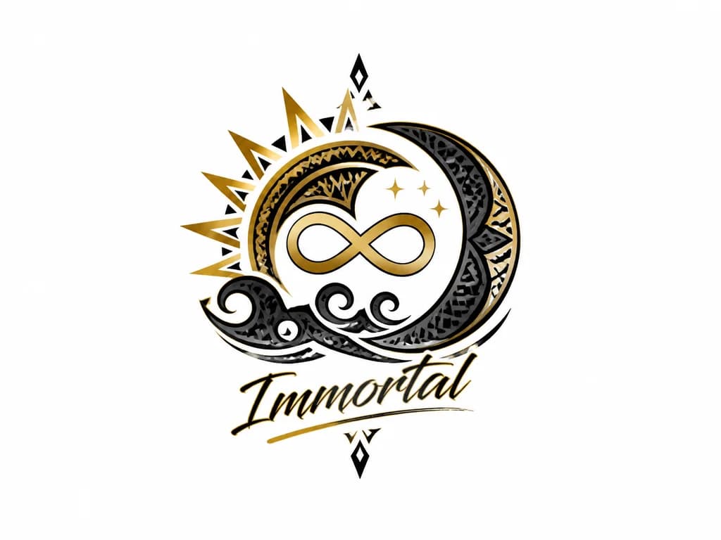 Тату эскиз: Надпись на английском языке "Immortal", в светло - черной и золотой цветовой гамме. На эскизе должны быть знак бесконечности, солнце, луна.