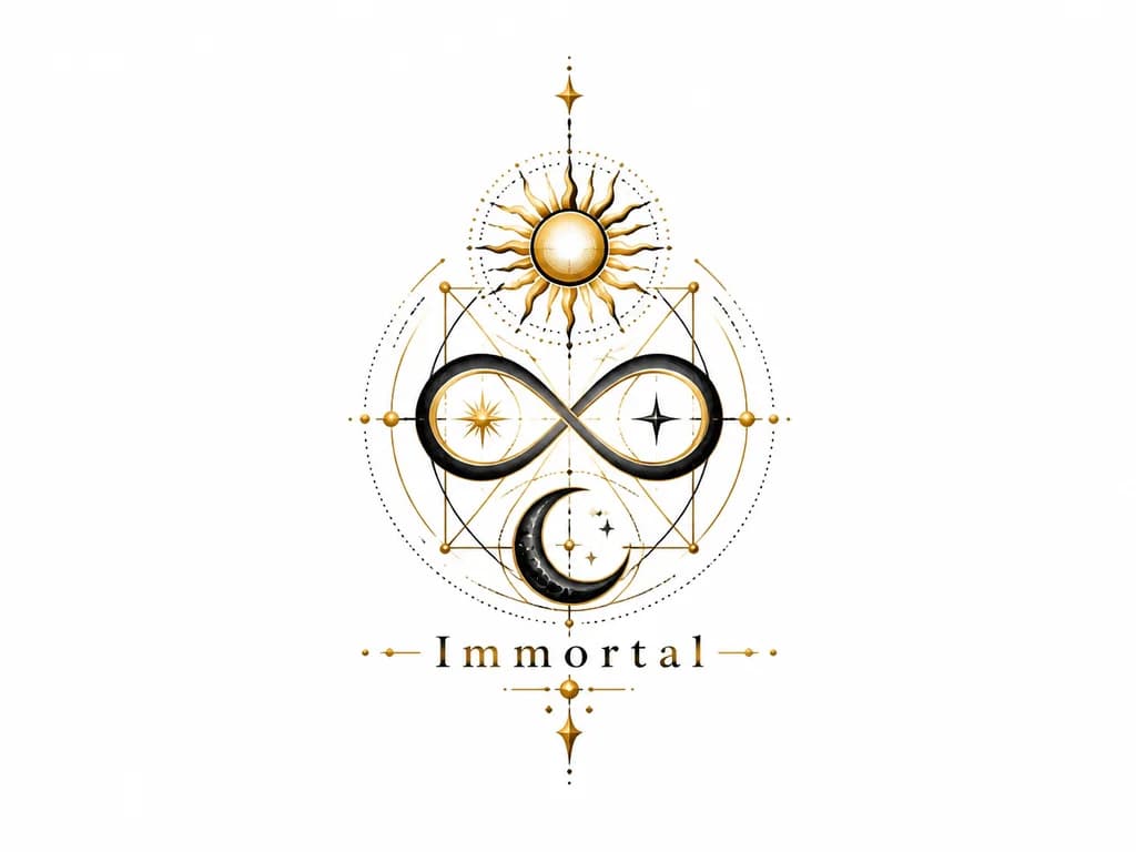 Тату эскиз: Надпись на английском языке "Immortal", в светло - черной и золотой цветовой гамме. На эскизе должны быть знак бесконечности, солнце, луна.