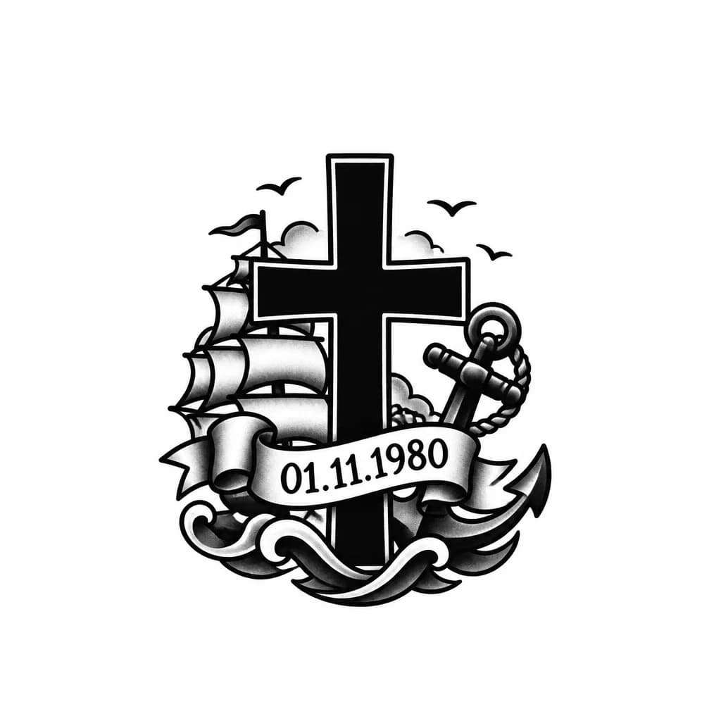 Тату эскиз: Крест женский небольшой и немаленький с датой 01.11.1980, крест должен быть черный , без узоров , только крест и дата