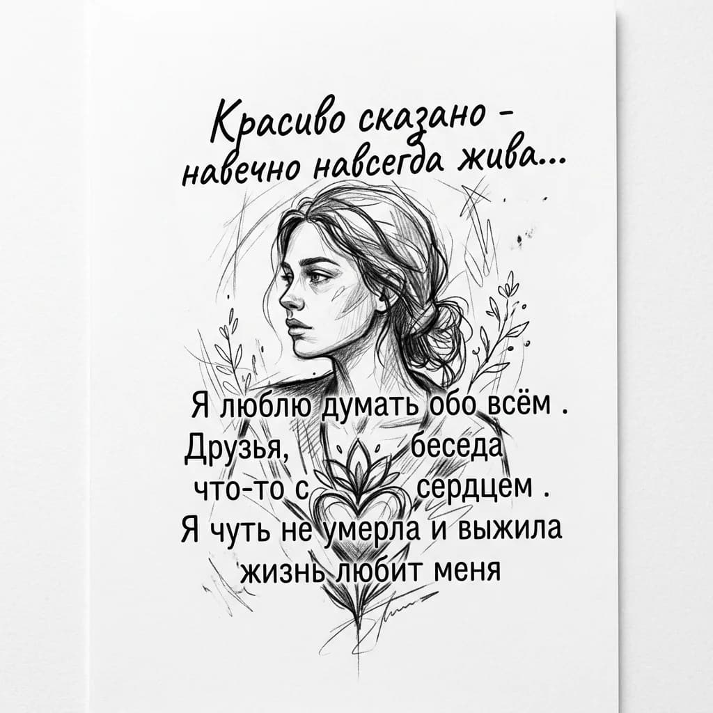Тату эскиз: Я люблю думать обо всём
Друзья, беседа что-то связано с сердцем
Я чуть не умерла и выжила жизнь любит меня