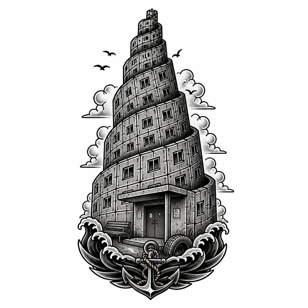 Тату эскиз: Flash tattoo design, blackwork style. A conceptual Babylon Tower built in the aesthetics of Soviet brutalism (panel building Khrushchyovka). At the very bottom of the tower, instead of the ancient entrance, there is a detailed porch of a Soviet apartment building, complete with a concrete canopy over the door, an old iron bench, and a car tire half-buried in the ground. From this concrete porch, the building spirals majestically upwards, its panels and rows of windows twisting into the shape of