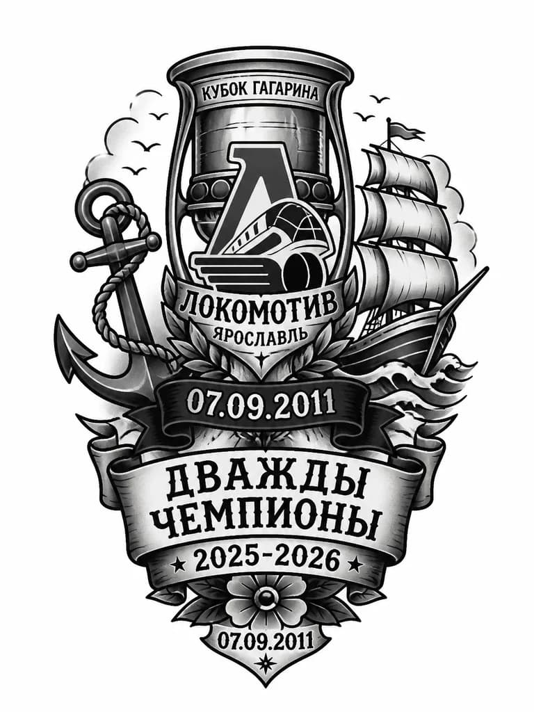 Тату эскиз: Эмблема хоккейного клуба Локомотив Ярославль , кубок Гагарина , с голами чемпионства 2025-2026 ,чёрная лента с датой трагедии 07.09.2011