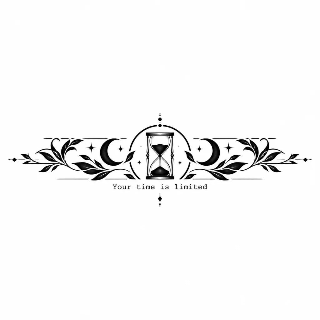 Тату эскиз: У меня есть тату, надо её обойти и подчеркнуть, тату "Your time is limited" прямо под часами, всё остальное сам придумай, что-то прикольное красивое взрослое