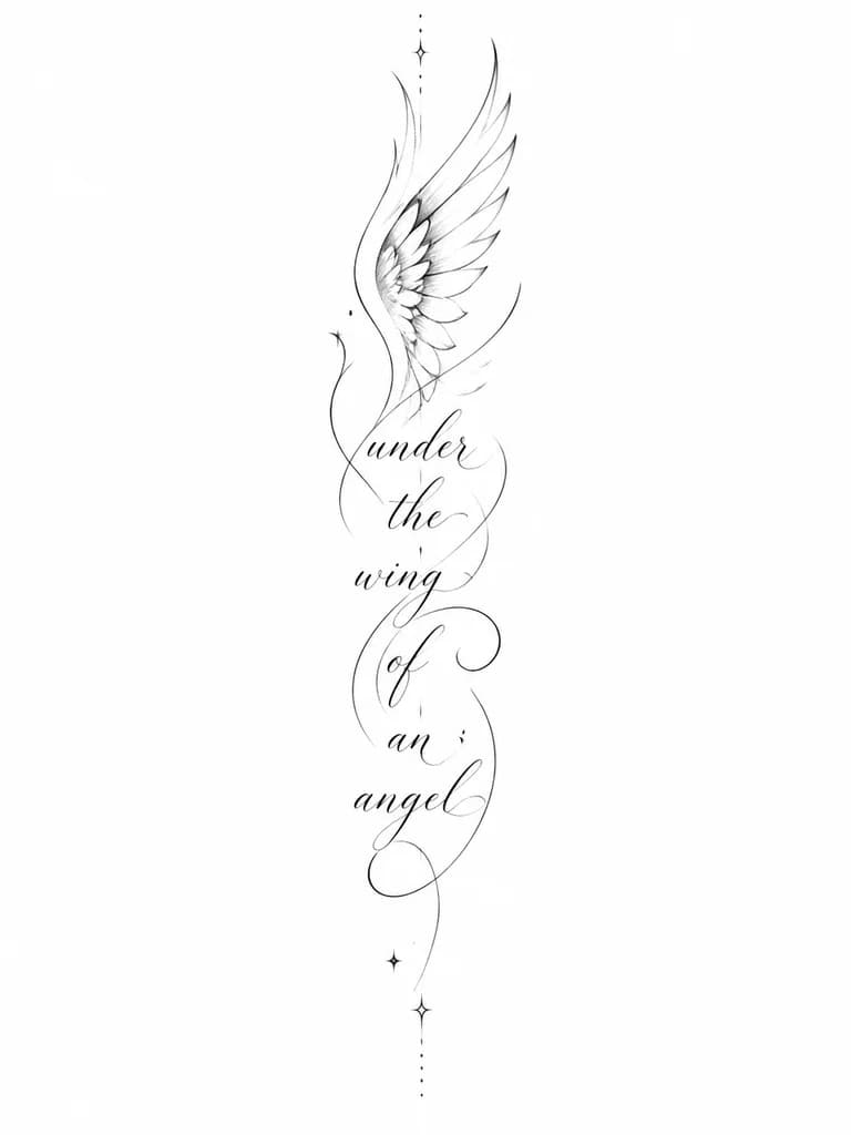 эскиз тату фразы under the wing of an angel в каллиграфический стиль