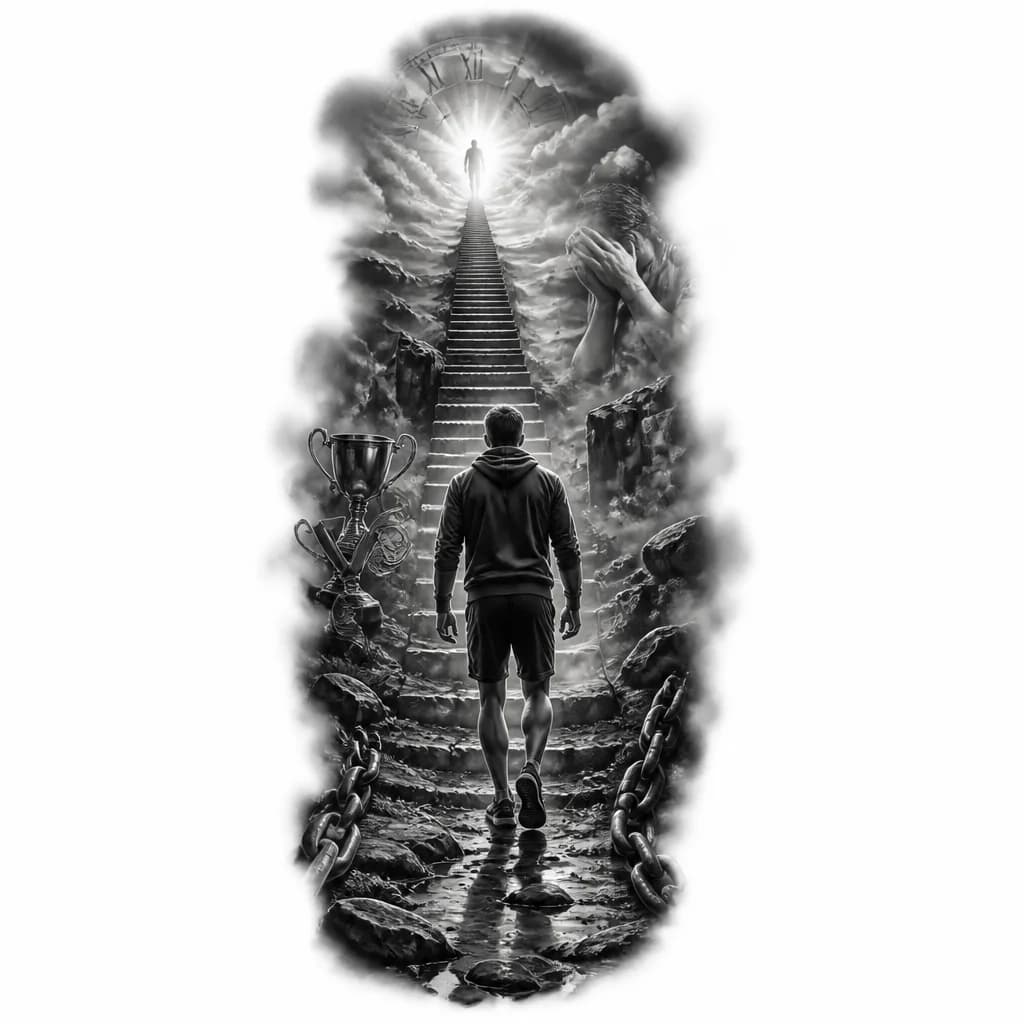 Тату эскиз: Я хочу, чтобы тату ассоциировалась со мной. Я парень 19 лет, всю жизнь занимавшийся каким либо видом спорта, счастливых отношений у меня никогда не было, ибо они заканчивались расставанием со стороны партнера, в жизни было куча проблем с которыми я справлялся в одиночку, но я никогда не сдавался и старался идти дальше