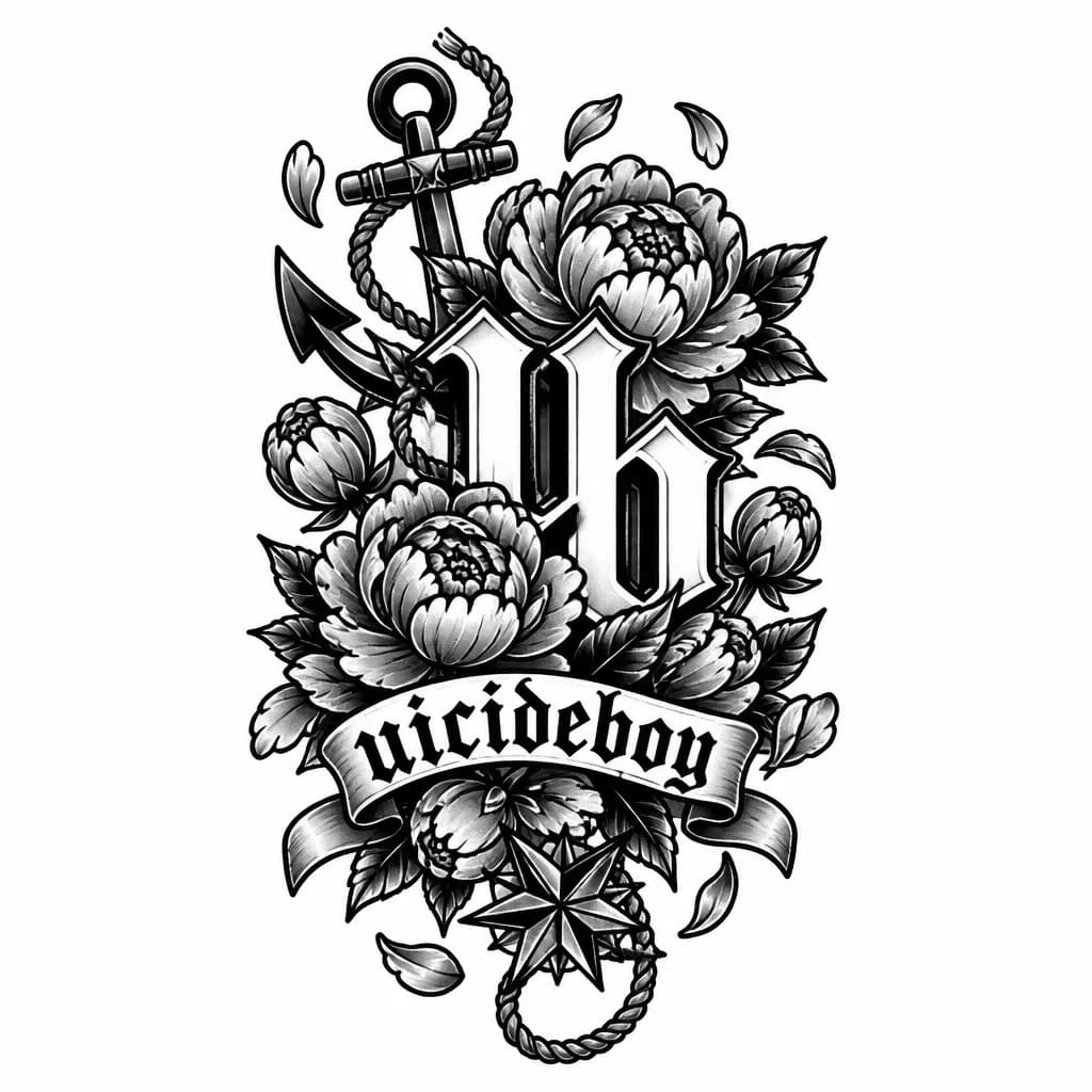 Тату эскиз: По центру логотип музыкального дуэта $uicideboy$, вокруг него плотно расположены бутоны пионов с лепестками. Логотип либо спрятан в них, либо пионы вокруг логотипа.