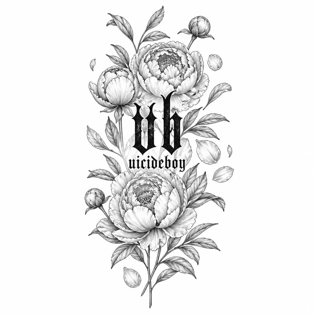 Тату эскиз: По центру логотип музыкального дуэта $uicideboy$, вокруг него плотно расположены бутоны пионов с лепестками. Логотип либо спрятан в них, либо пионы вокруг логотипа.