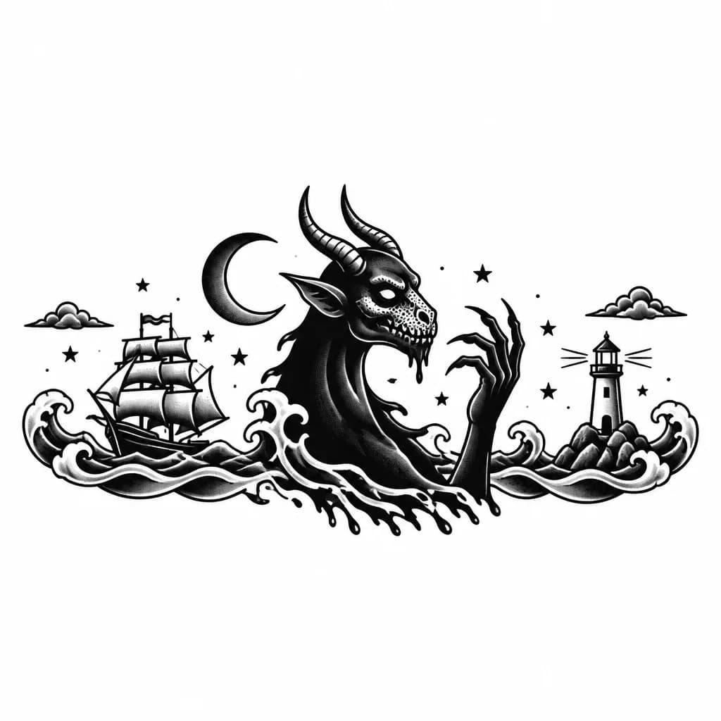Тату эскиз: Minimalist black and white silhouette of a horned demon, crescent moon on chest, elongated neck, thin clawed hand raised, lower body turning into ragged ink tears, stippled snout texture, grainy paper background, occult gothic art, flat black ink illustration.