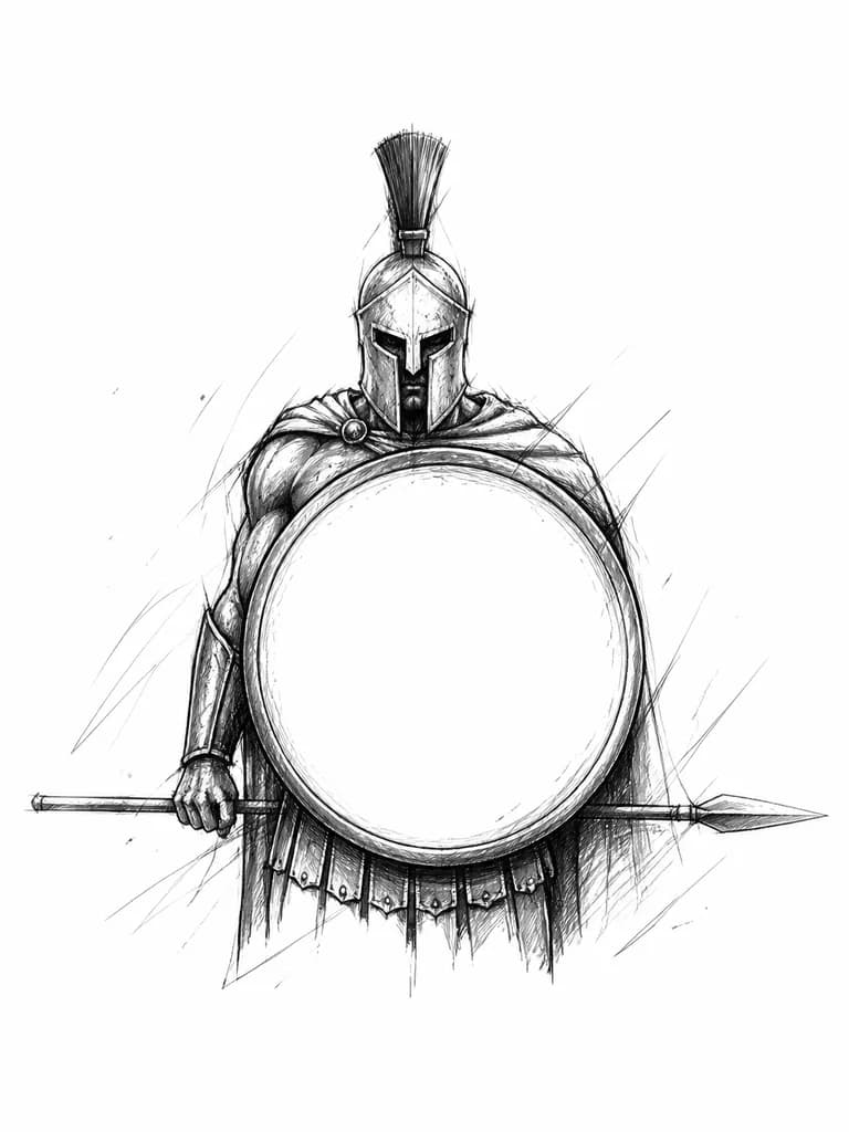 Тату эскиз: Graphic tattoo flash, vertical layout for forearm. Spartan warrior visible from the knees up, holding a giant round shield that covers most of his torso. The warrior is in a straight, centered posture. The face of the shield is completely empty, solid, and plain (no patterns, no texture, no logos). Bold black ink lines, sharp outlines, clean stenciled style, contrast shading, isolated on a solid white background.