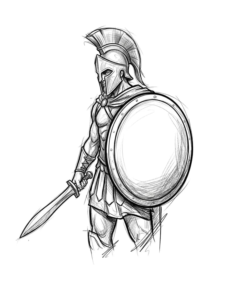 Тату эскиз: Graphic tattoo flash, vertical layout for forearm placement. A Spartan warrior standing in a three-quarter pose, visible from the waist up. He is holding a Greek short sword in his right hand. His left side is protected by a massive round battle shield. The face of the shield is entirely empty, plain, and smooth (no patterns, no emblems). Bold black ink outlines, clean stencil-ready design, sharp contrast shading, isolated on a solid white background.