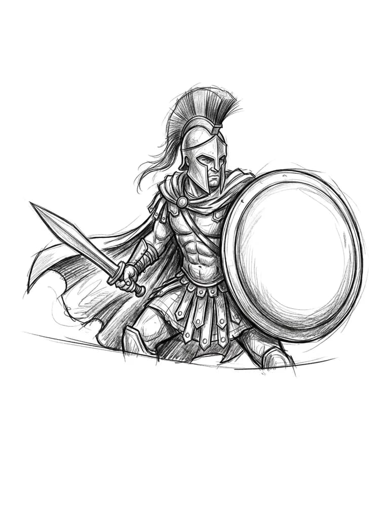 Тату эскиз: Graphic tattoo flash, vertical layout for forearm placement. A Spartan warrior standing in a three-quarter pose, visible from the waist up. He is holding a Greek short sword in his right hand. His left side is protected by a massive round battle shield. The face of the shield is entirely empty, plain, and smooth (no patterns, no emblems). Bold black ink outlines, clean stencil-ready design, sharp contrast shading, isolated on a solid white background.