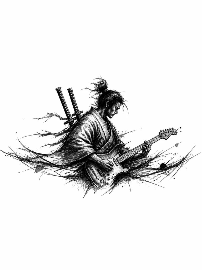 Тату эскиз: Vertical forearm tattoo design. Silhouette of a Japanese samurai with a topknot hairstyle standing in profile, playing an electric guitar. Katanas on his back. Textured black ink brushstrokes, sumi-e style, raw paint splatters on clothing edges. Black ink only. No background, no sun, isolated on pure white background.