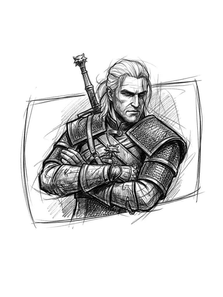 Тату эскиз: Vertical forearm tattoo design, black and grey realism. Geralt of Rivia from Witcher 3, half-body portrait from the waist up, 3/4 angle view. His arms are confidently crossed over his chest in leather gauntlets. Stern face with a scar, white hair, large silver Wolf School medallion on his chest. Sword hilt visible over his shoulder. High detailed armor, dramatic contrast and deep shadows. No background, isolated on a solid pure white background.