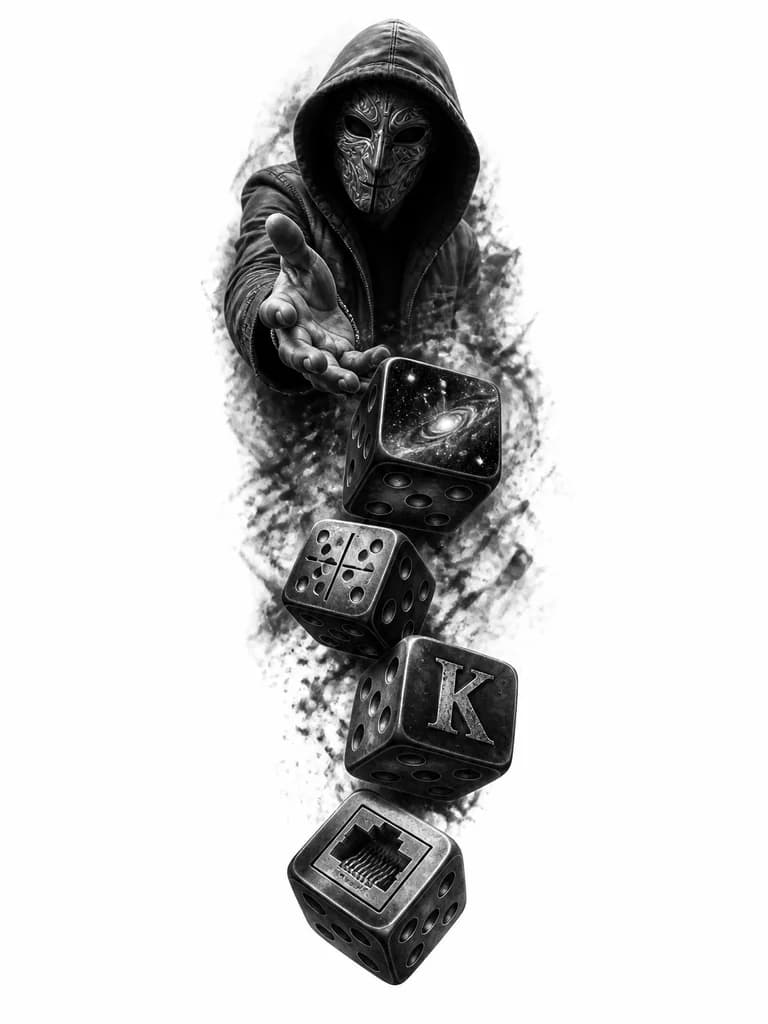 Тату эскиз: Человек в маске кидает кости игральные, на костях разные рисунки как моменты из жизни, пусть на одной кости космос(звезды) на одной кости домино, на еще одной буква К, еще на одной коннектор от разъема интернет
