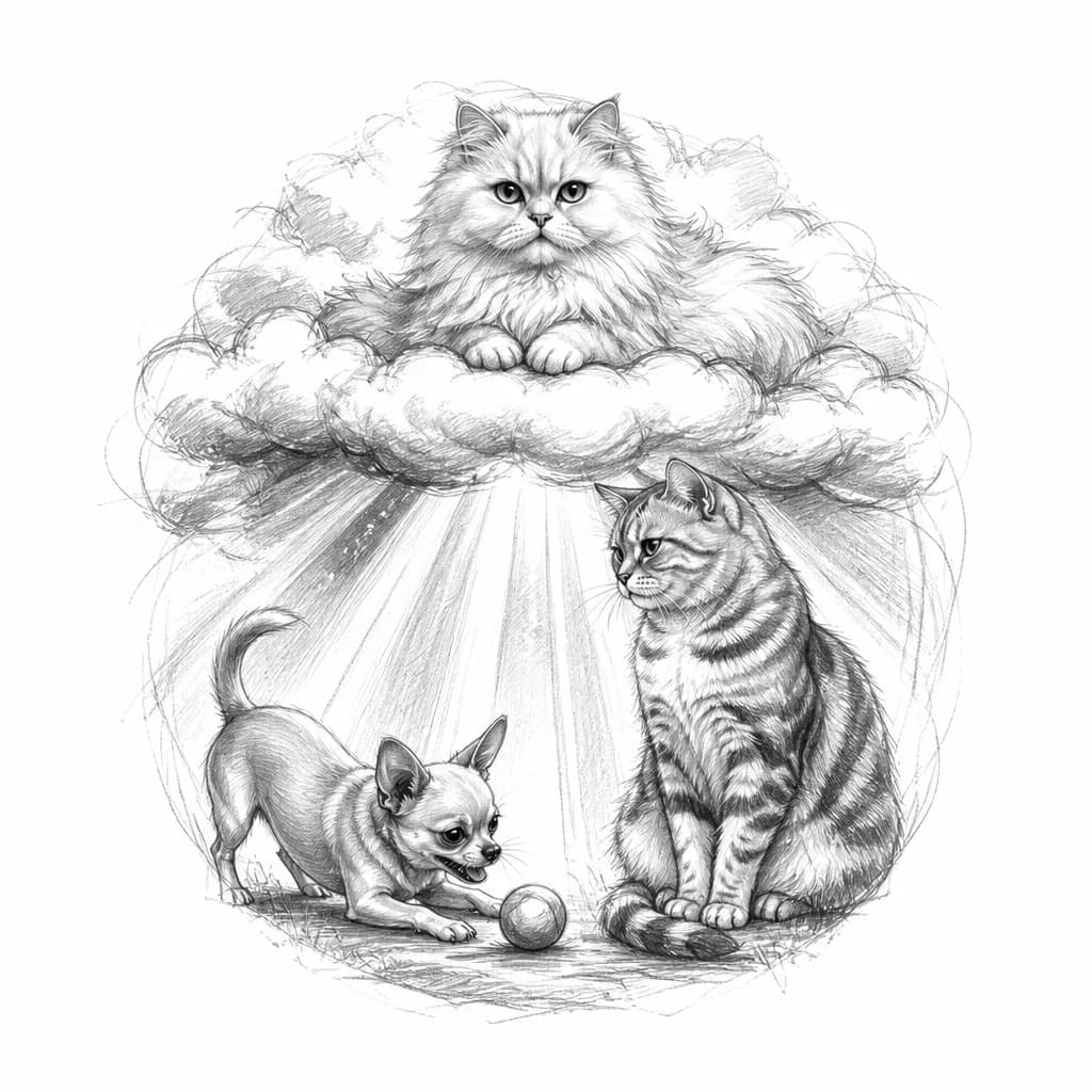 Тату эскиз: Shoulder tattoo, vertical layout, black and grey realism. Top: fluffy female Persian cat lying on a soft cloud, looking forward. Below cloud: playful Chihuahua on the ground playing with a ball. Next to it: Scottish Straight female cat with prominent tabby stripes and tiger patterns, sitting majestically and watching the dog with a royal look. Dramatic divine sunbeams shine from the cloud, illuminating the animals below. High contrast, soft shading, pure white background.