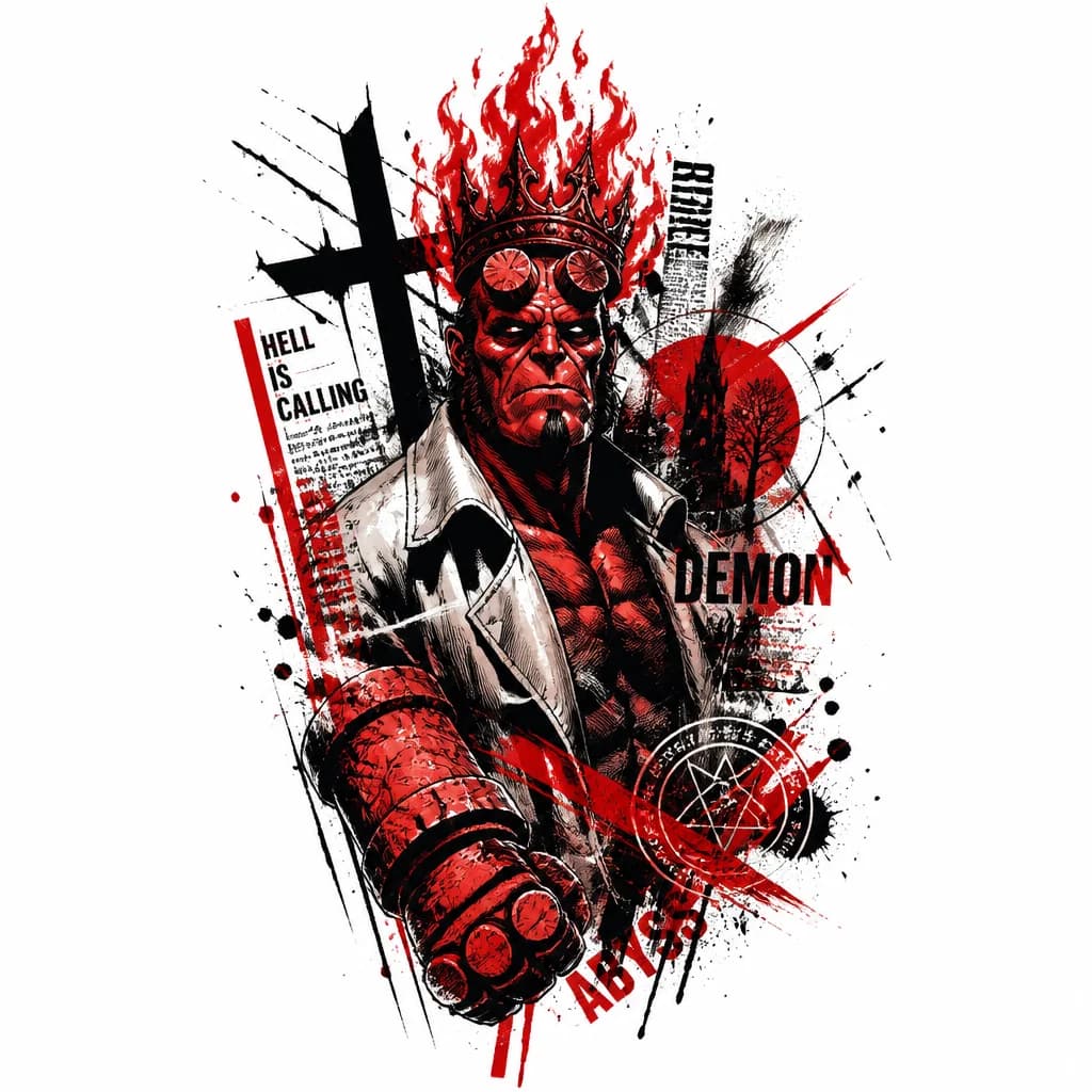 Тату эскиз: Draw a sketch of a tattoo in the style of a thrash polka. The central character is Hellboy: recognizable facial features, massive horns, and a powerful figure. There is a burning crown on his head: the flames are realistic, with dynamics, as if the fire is moving. The palette is strictly black and red: black — for contours, shadows, large spots and chaotic strokes; red — for flames, accents and splashes. Add abstract elements in the spirit of thrash polka: ragged strokes, hatching