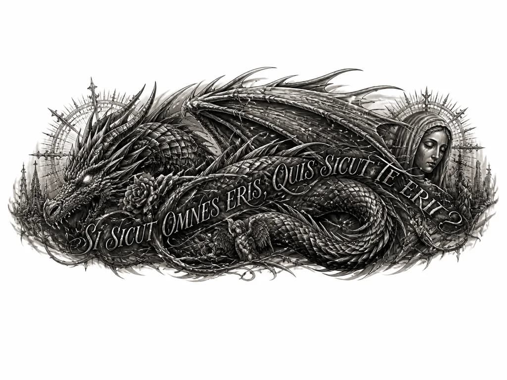 Тату эскиз: Blackwork greywash fantasy tattoo for forearm. Massive dragon (Empyrean/Four Wings style) coiled around arm, tail near wrist, horned head near elbow. Wing wraps like cloak, dissolving into smoke and feather-spikes. Thick scales, jagged horns, slightly open snout with glowing white eyes. Bold runic inscription "SI SICUT OMNES ERIS, QUIS SICUT TE ERIT?" carved along spine and horn. Thorny vines and constellation stars intertwined between scales. High contrast, deep black fills, white ink highlight