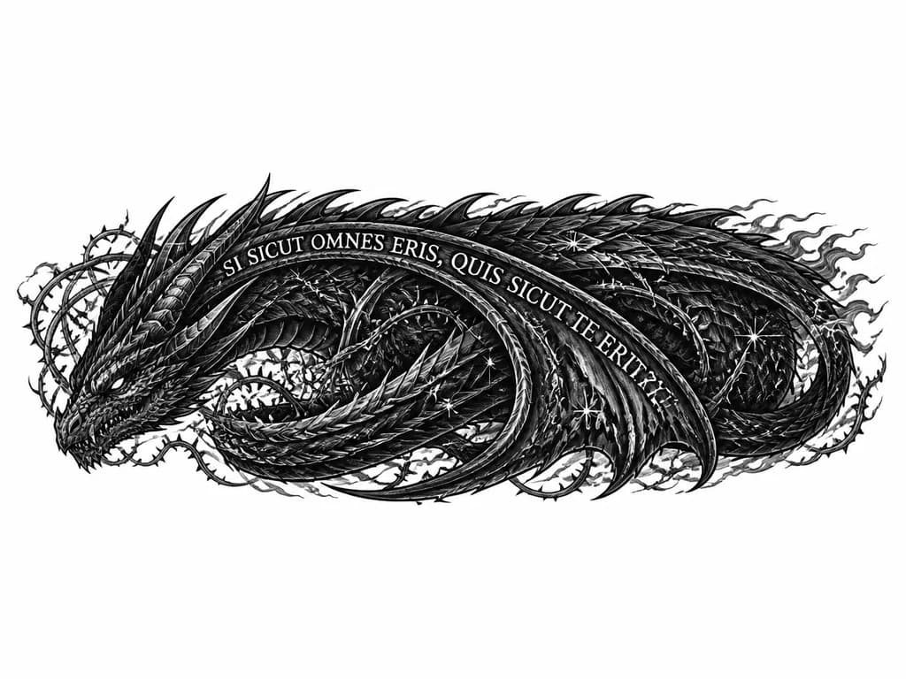 Тату эскиз: Blackwork greywash fantasy tattoo for forearm. Massive dragon (Empyrean/Four Wings style) coiled around arm, tail near wrist, horned head near elbow. Wing wraps like cloak, dissolving into smoke and feather-spikes. Thick scales, jagged horns, slightly open snout with glowing white eyes. Bold runic inscription "SI SICUT OMNES ERIS, QUIS SICUT TE ERIT?" carved along spine and horn. Thorny vines and constellation stars intertwined between scales. High contrast, deep black fills, white ink highlight