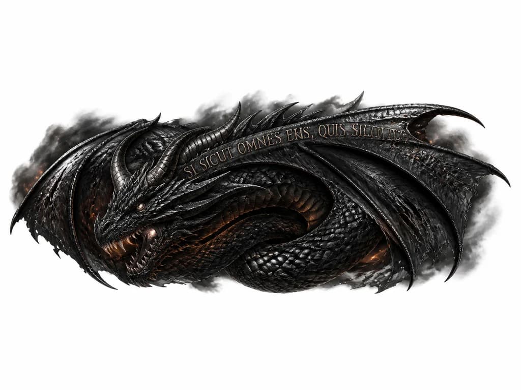 Тату эскиз: Hyperrealistic black dragon tattoo for male forearm, Empyrean style from Fourth Wing. Massive dragon coiled around arm, textured matte black scales, glossy highlights, muscular body. Horned head near elbow with glowing amber-white eye reflections, open jaws with fangs. One enormous wing wraps around forearm like living cloak, detailed membrane with veins. Bold carved inscription "SI SICUT OMNES ERIS, QUIS SICUT TE ERIT?" along spine and horn like ancient runic scarification. Dark smoky backgroun