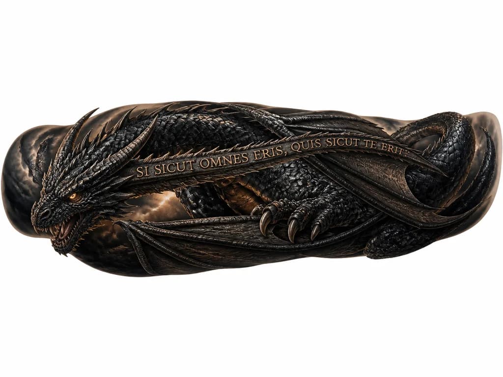 Тату эскиз: Hyperrealistic black dragon tattoo for male forearm, Empyrean style from Fourth Wing. Massive dragon coiled around arm, textured matte black scales, glossy highlights, muscular body. Horned head near elbow with glowing amber-white eye reflections, open jaws with fangs. One enormous wing wraps around forearm like living cloak, detailed membrane with veins. Bold carved inscription "SI SICUT OMNES ERIS, QUIS SICUT TE ERIT?" along spine and horn like ancient runic scarification. Dark smoky backgroun
