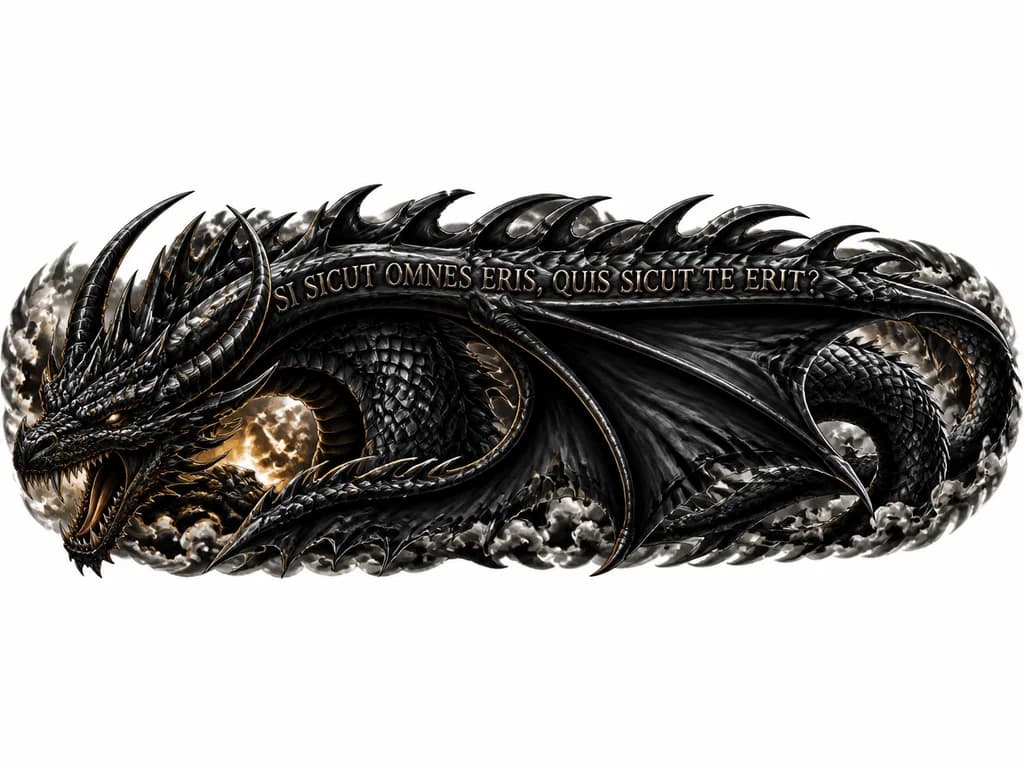 Тату эскиз: Hyperrealistic black dragon tattoo for male forearm, Empyrean style from Fourth Wing. Massive dragon coiled around arm, textured matte black scales, glossy highlights, muscular body. Horned head near elbow with glowing amber-white eye reflections, open jaws with fangs. One enormous wing wraps around forearm like living cloak, detailed membrane with veins. Bold carved inscription "SI SICUT OMNES ERIS, QUIS SICUT TE ERIT?" along spine and horn like ancient runic scarification. Dark smoky backgroun