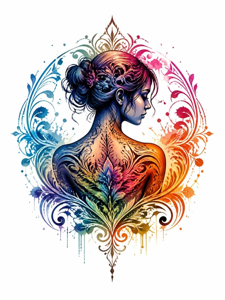Тату эскиз: Stylized human figure silhouette transforming into abstract colorful ink splashes and watercolor drips, blending body art with creative expression, full color vibrant palette featuring flowing blues, magentas, yellows, oranges and greens with artistic splatter effects, bohemian artistic style, contemporary tattoo design, artistic illustration, tattoo flash sheet illustration, white background, high contrast, clean lines