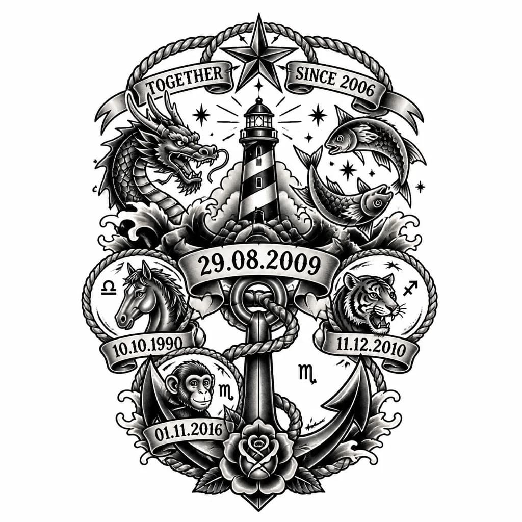 Тату эскиз:
Вот у мужа др 05.03.1988 он дракон по гороскопу и рыбы, я 10.10.1990 лошадь и весы, дочь 11.12.2010 тигр и стрелец, сын 01.11.2016 обезьяна и скорпион.
Ты можешь создать что-то такое уникальное, чтобы все это было?
И дата нашей свадьбы 29.08.2009
А вместе мы с мужем с 2006 года