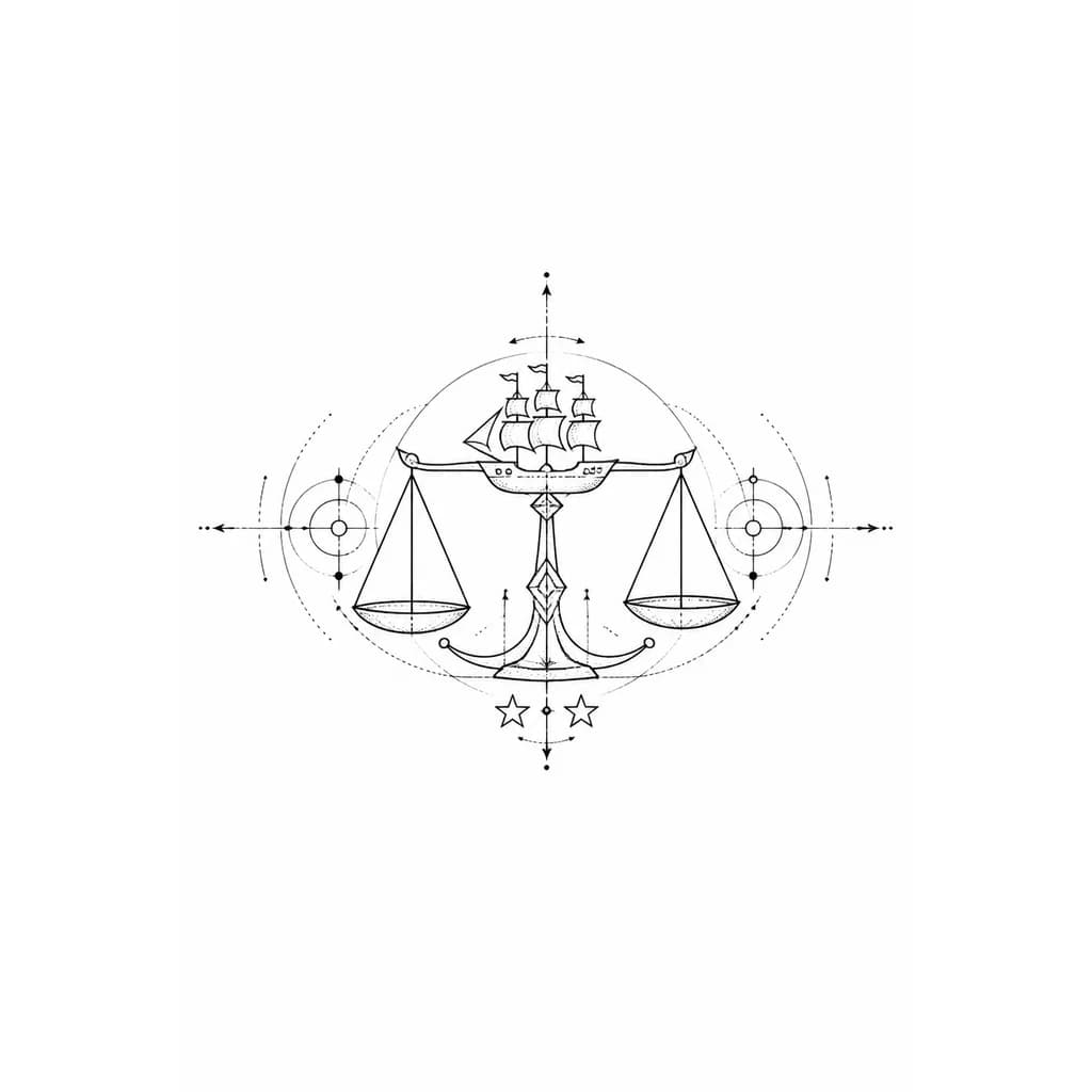 Тату эскиз: Minimalist tattoo design sketch, black ink on white background, fine line art, vertical composition for forearm. A balance scale where the beam is replaced by a small sailing ship (reference to Manchester United ship logo), two small empty stars floating beneath the scale's base (representing two sons). The style is geometric, abstract, clean contours, no shading, dotwork accents only at the ends. High contrast, stencil style, negative space. --ar 2:3