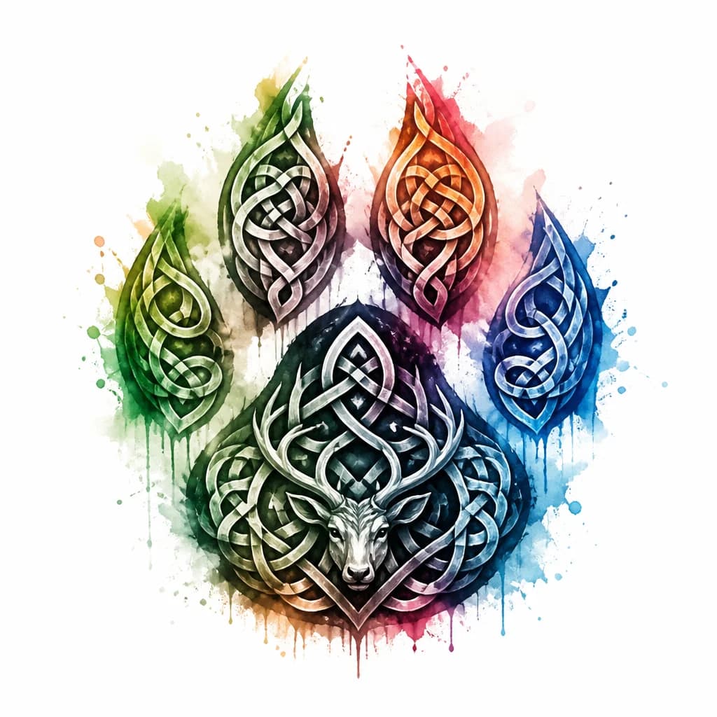 Тату эскиз: Опечаток лапы из кельтской вязи (Символ Cernunnos / Хозяина природы)Как выглядит на плече: Это не банальный след лапки из интернета. Мастер собирает крупный, мужественный контур следа лапы (универсальный символ верности животных), но внутри этот след полностью состоит из сложных, плотных кельтских орнаментов и плетеных темных узоров.