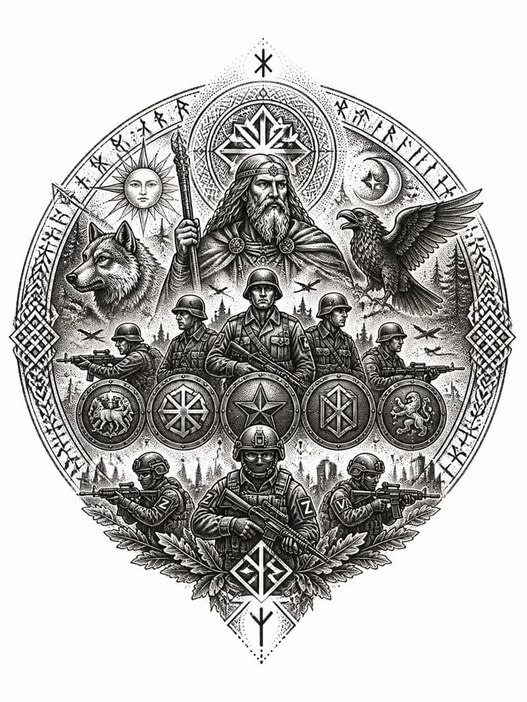 Тату эскиз: Сделай тату объединение славянской мифологии и доблести и отваги второй мировой переносящиеся постепенно вдоблесть и отвагу сво. Используй еще руны и славянские аргументы.