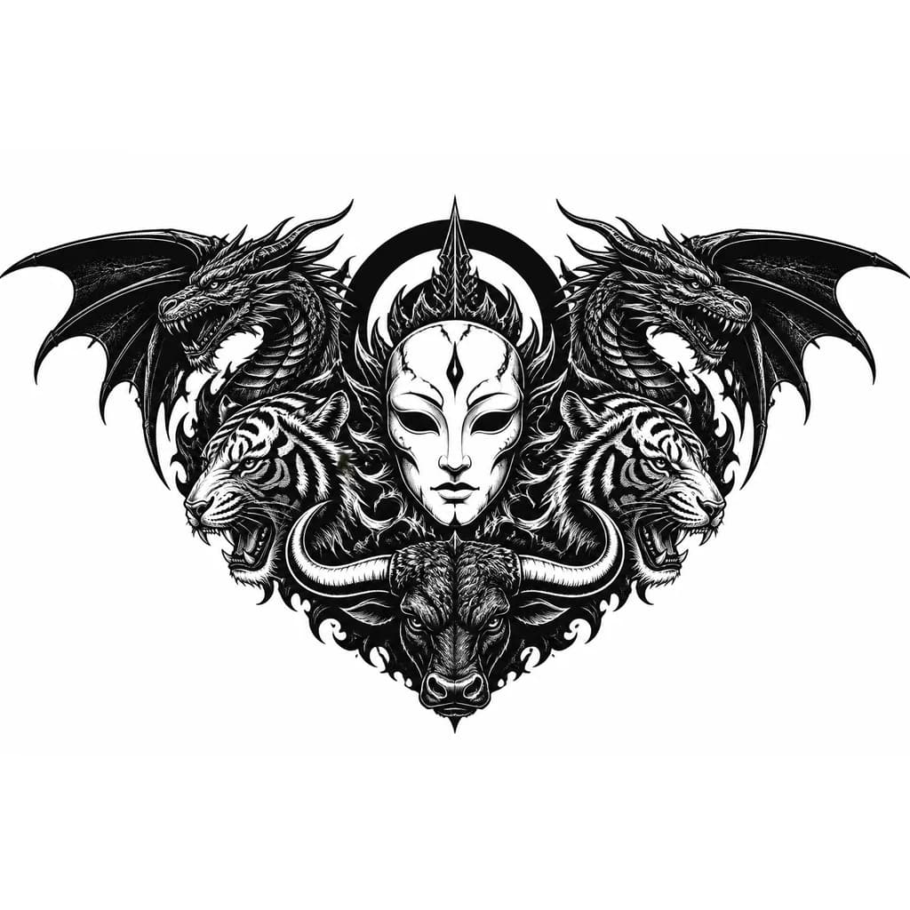 Тату эскиз: Wide chest tattoo design from shoulder to shoulder. Tetramorph with dragon, tiger, bull, and white mask. Symmetrical horizontal composition. Dragon wings extend to the left and right shoulders, tiger stripes flow over the collarbones, bull horns curve outward at the bottom, white mask is centered with a dark halo behind. Black and white engraving style, bold sharp lines, cross-hatching, high contrast, pure black ink, mask as skin-negative space. Dark fantasy, masculine, powerful. --ar 3:2