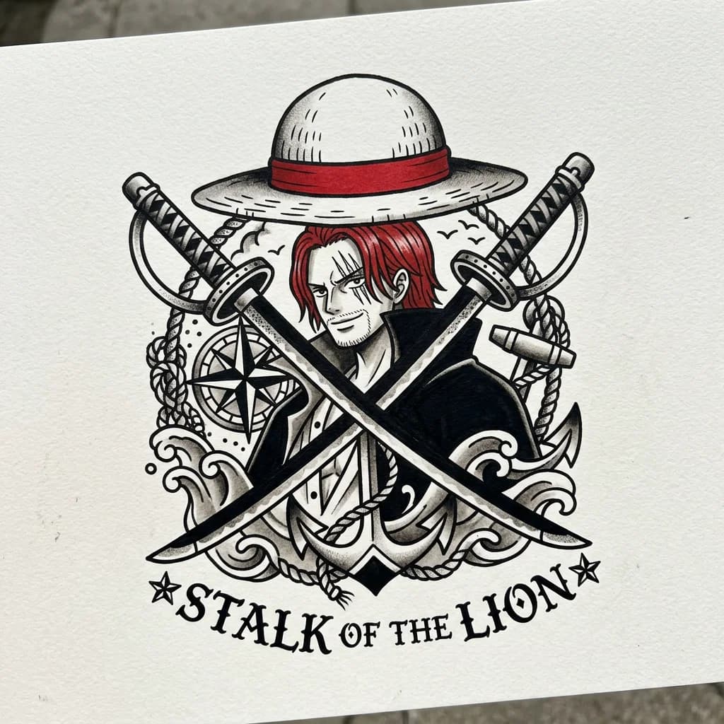 Тату эскиз: Создай эскиз тату по мотивам one piece где будет соломеная шляпа Луффи мечи Ророноа Зорро, красная челка Шанкса