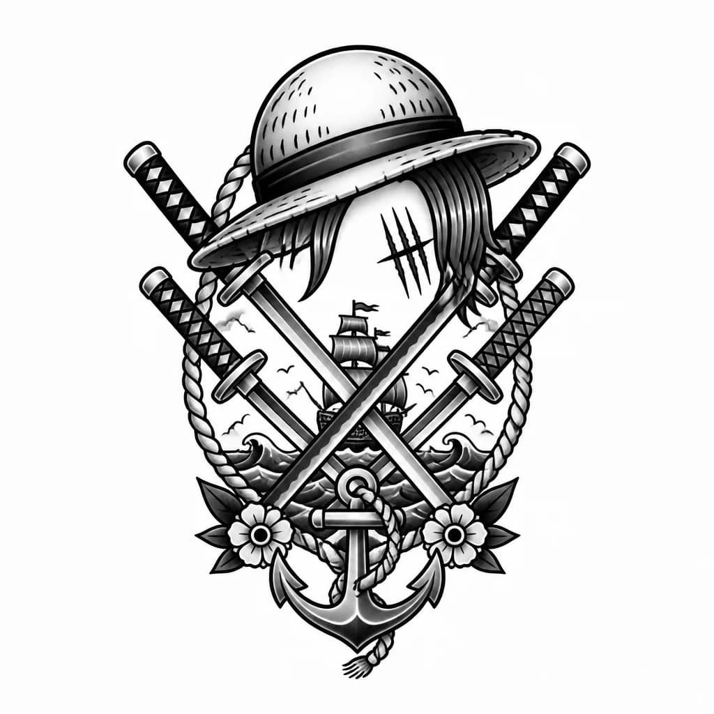 Тату эскиз: Создай эскиз тату по мотивам one piece где будет соломеная шляпа Луффи мечи Ророноа Зорро, красная челка Шанкса