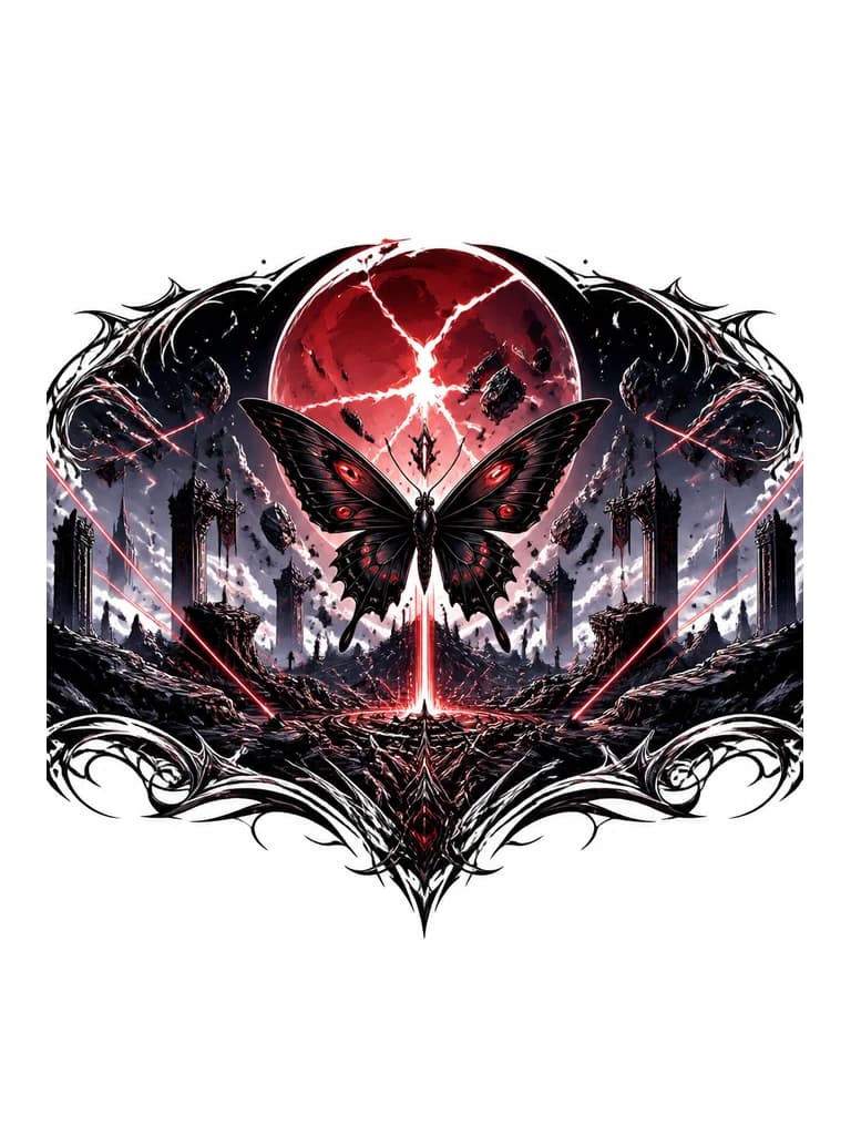 Тату эскиз: blackwork tattoo design, shattered giant red moon in the sky, majestic dark butterfly with glowing red eye patterns on wings, futuristic battlefield, floating ruins, starry night, red laser beams, mystical and epic atmosphere, 2D illustration style, Genshin Impact aesthetic, dark fantasy, intricate linework --ar 2:3