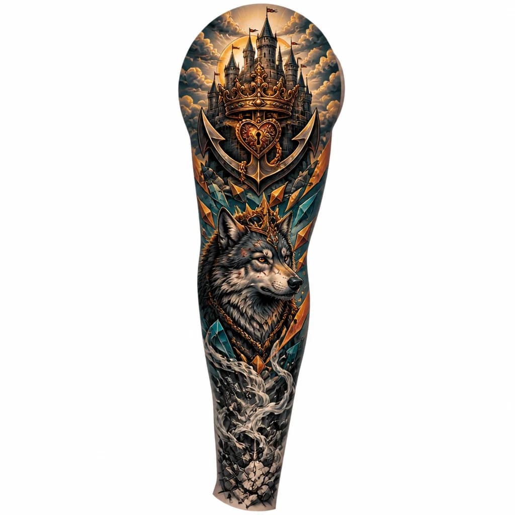 Тату эскиз: "Design a highly detailed tattoo sleeve for a man, from wrist to shoulder. The story of a man's rise.
Bottom part (wrist): Black and grey dramatic smoke, cracks, and grey abstract shapes symbolizing ordinary life breaking apart.
Middle part (forearm): An aggressive but wise Wolf Leader (or Dragon) moving upwards, surrounded by sharp geometric shards symbolizing goals.
Top part (bicep/shoulder): An anchor or castle combined with a royal crown, with a hidden small heart or locket symbolizing a
